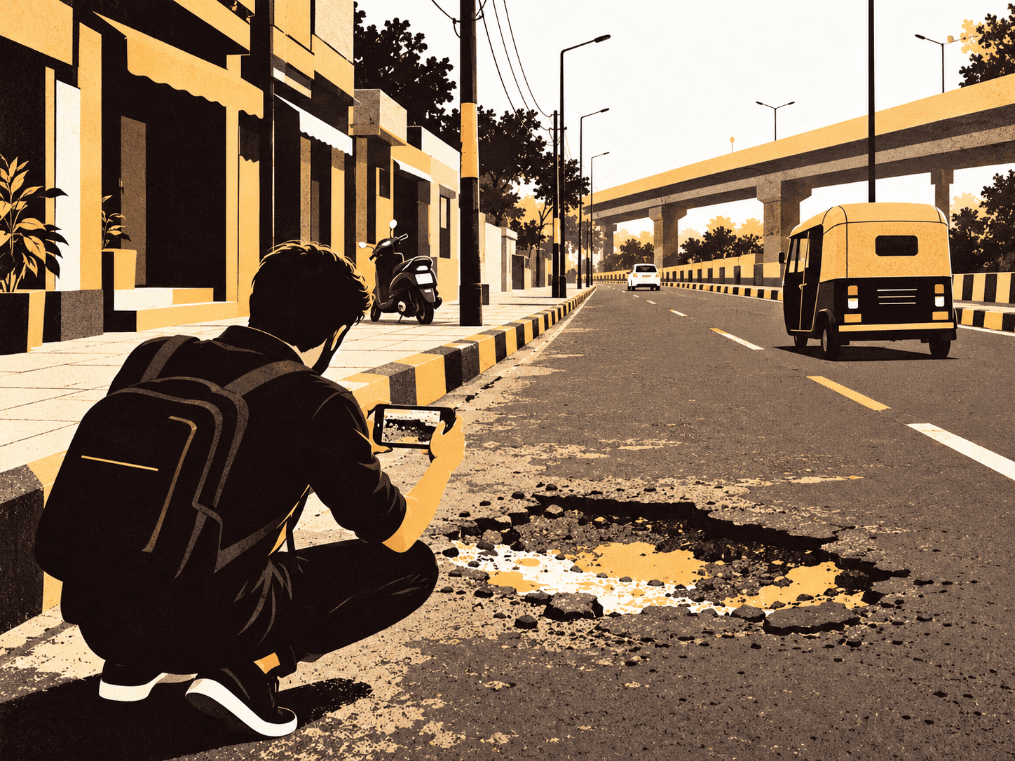 A person photographs a pothole beside an auto-rickshaw on an Indian city road.