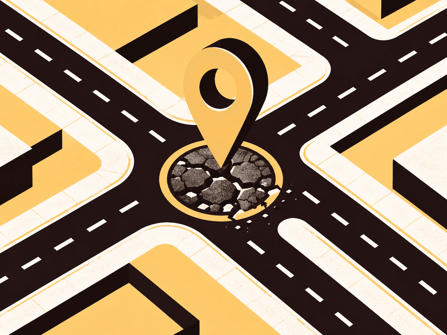 A geometric road map marks a damaged road surface.