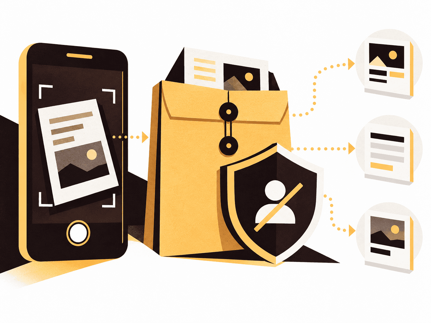 A geometric phone, sealed evidence envelope, and privacy shield.