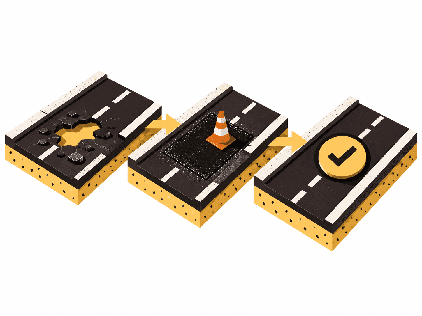 Three road tiles show damage, repair, and verified completion.
